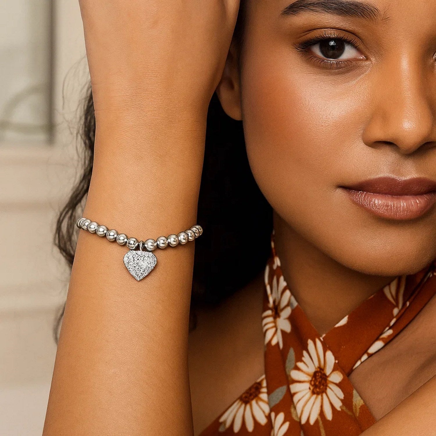 Adjustable Bead Bracelet with Round Charm and Cubic Zirconias in Sterling Silver