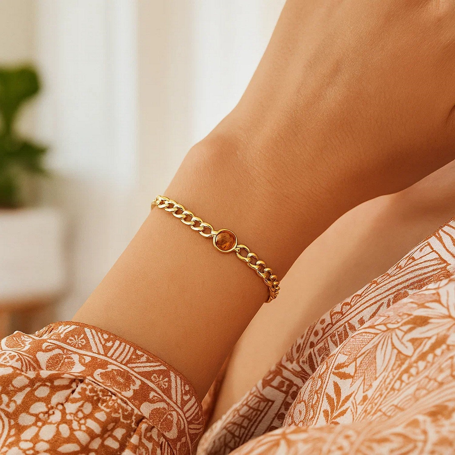 14K Yellow Gold Citrine Curb Chain Bracelet (3.60 mm)