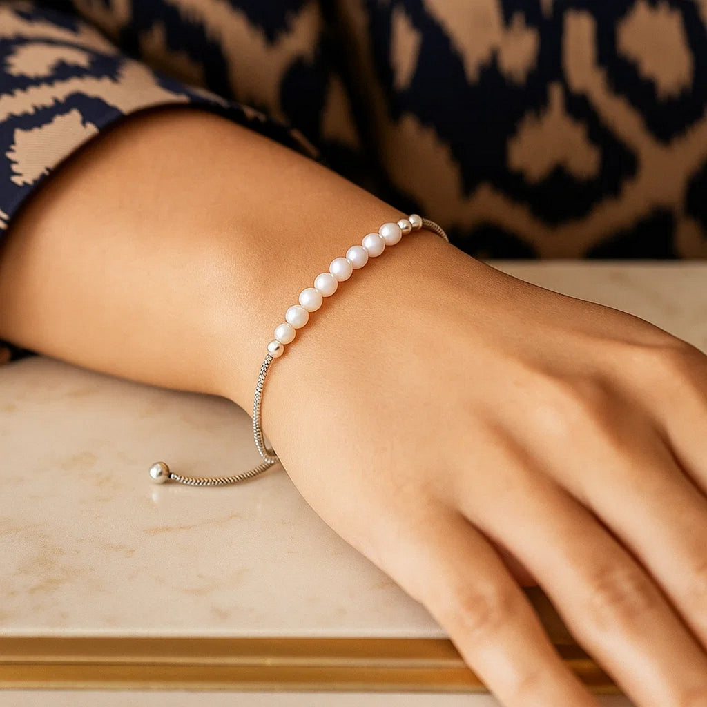 Sterling Silver Rhodium Plated Friendship Freshwater Pearl Drawstring Bracelet