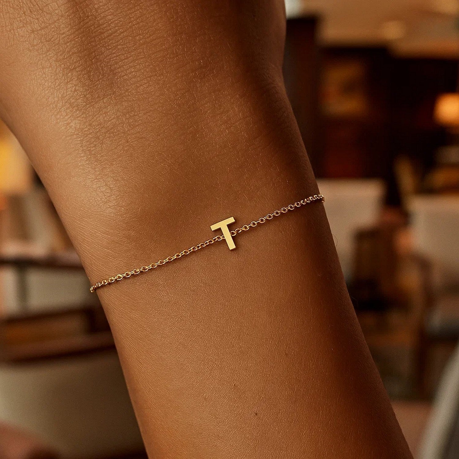 14K Yellow Gold Mini Initial T Bracelet