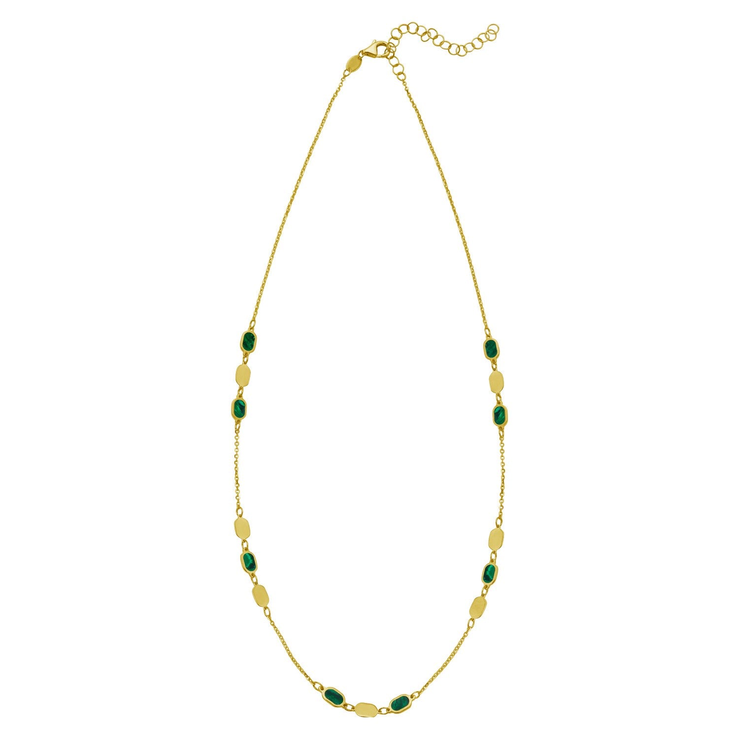 14K Yellow Gold Necklace with Hexagon Malachite Inlay Links