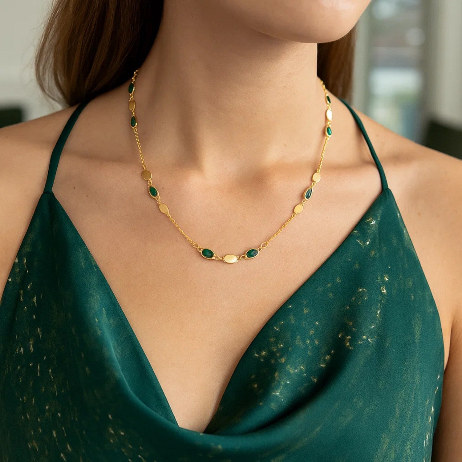 14K Yellow Gold Necklace with Hexagon Malachite Inlay Links
