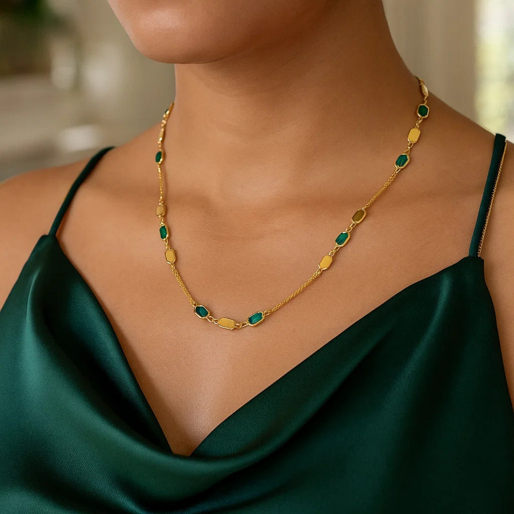 14K Yellow Gold Necklace with Hexagon Malachite Inlay Links